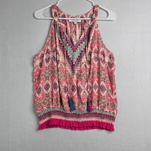 Rose Olive Boho Tribal Print Halter Neck Smocked Waist Tassel Top Womens L boho